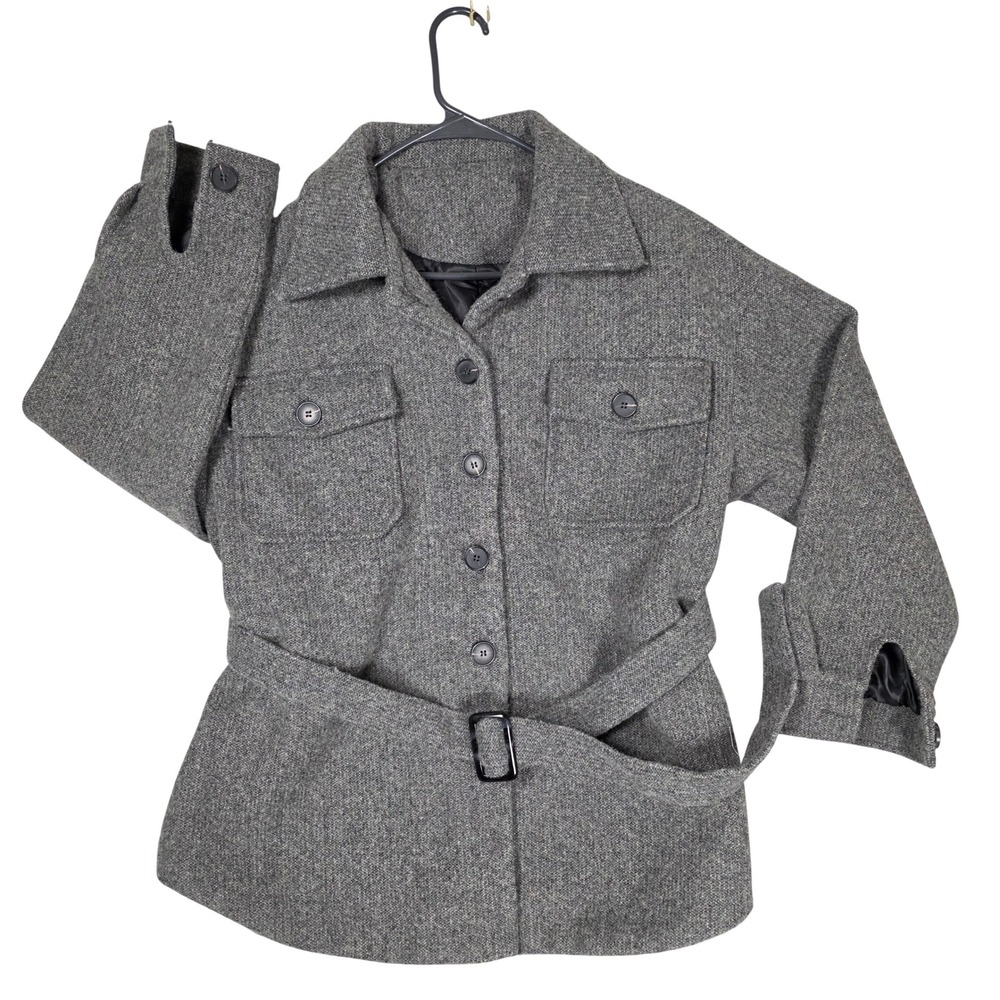 Button Up Woven Peacoat Jacket Waist Belt Women S Gray GOOD Quiet Luxury Layer